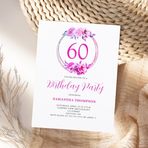 60th Birthday Pink Floral Watercolor  Invitation Postcard