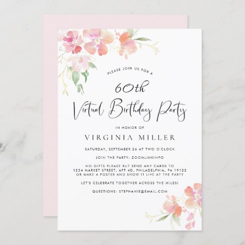 60th Birthday Pink Floral Watercolor Virtual Party Invitation