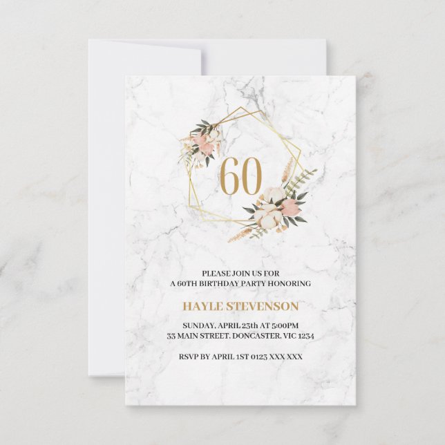 60th Birthday Pink Floral White Marble Chic Invitation (Front)