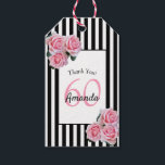 60th birthday pink florals on black white stripes gift tags<br><div class="desc">A gift tag for a 60th birthday party. Classic slim black and white vertical stripes as background. With girly and feminine pink roses as decoration. A white and black frame on front with template for age, name and date. Age number 60 in pink, name and date in black. The name...</div>