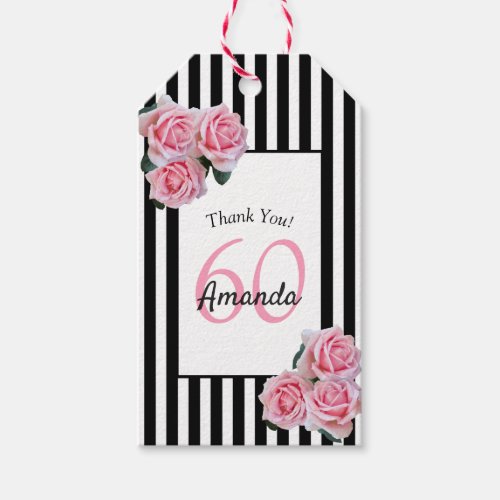 60th birthday pink florals on black white stripes gift tags