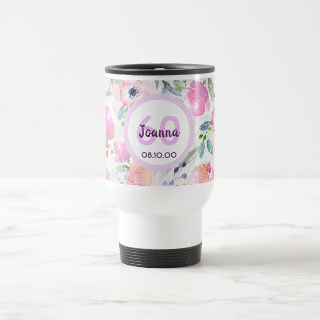 60th birthday pink florals purple name travel mug (Center)