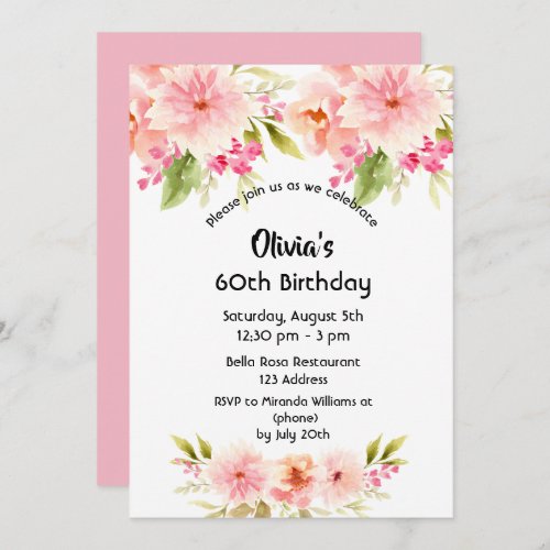 60th birthday pink flowers elegant invitation