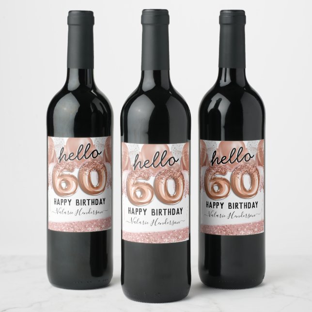 60th Birthday Pink Glitter Balloons Wine Label (Bottles)