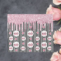 60th birthday pink glitter black white stripes wrapping paper