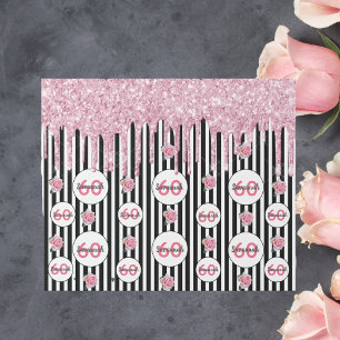 60th birthday pink glitter black white stripes wrapping paper