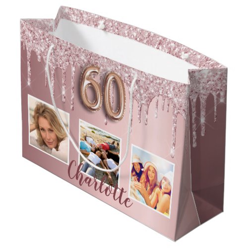 60th birthday pink glitter drips photo name large gift bag