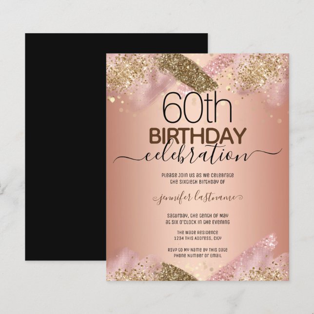 60th Birthday Pink Glitter Party Budget Invitation (Front/Back)