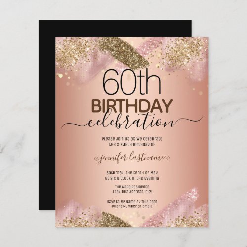 60th Birthday Pink Glitter Party Budget Invitation