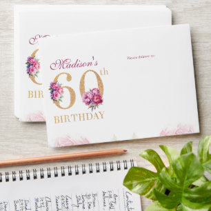 60th Birthday Pink Peonies Gold Glitter Envelope