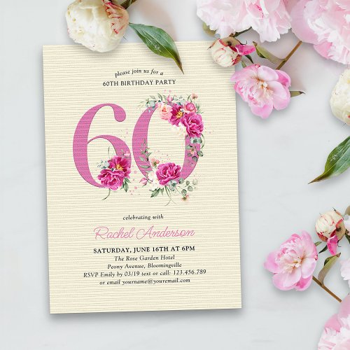 60th Birthday Pink Peony Floral Number 60 Invitation