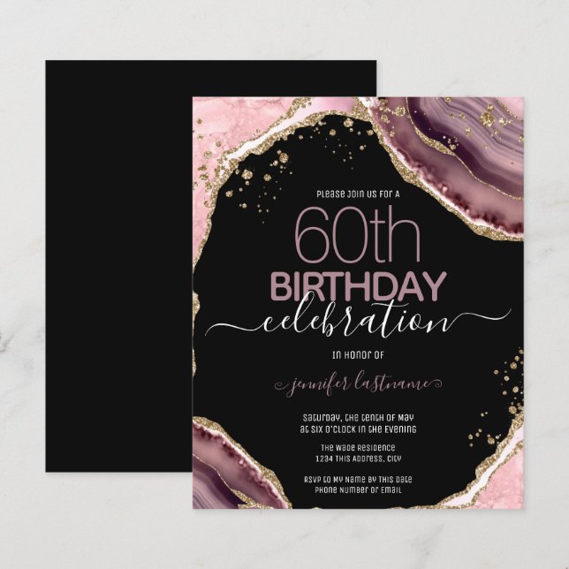 60th Birthday Pink Purple Agate Budget Invitation (Front/Back)