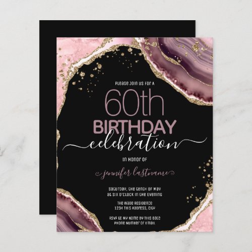 60th Birthday Pink Purple Agate Budget Invitation
