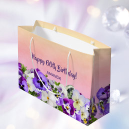 60th Birthday pink purple florals name Large Gift Bag