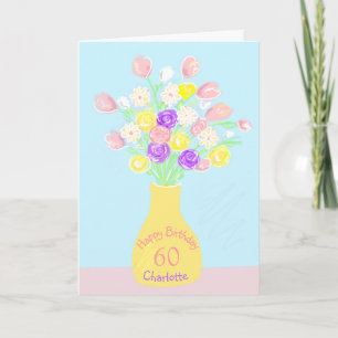 60th birthday pink & purple flower vase card