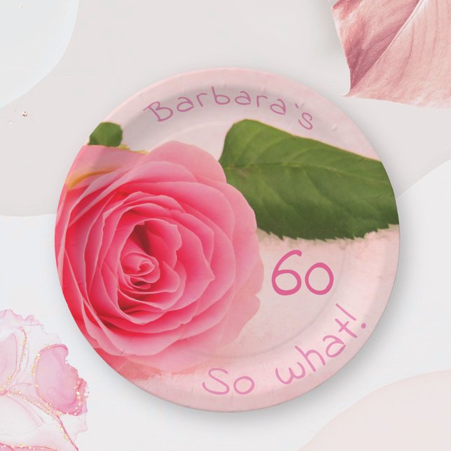 60th Birthday Pink Rose Custom Name Motivational Paper Plates (Creator Uploaded)