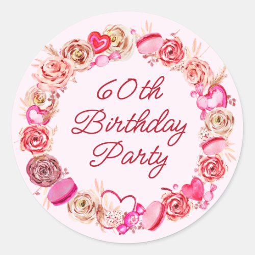 60th Birthday Pink Rose Swirly Heart Envelope Classic Round Sticker
