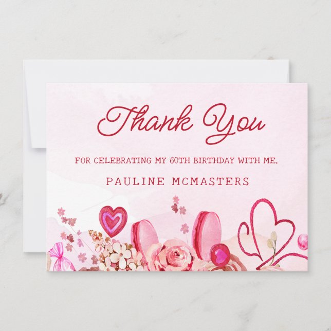 60th Birthday Pink Rose Swirly Heart Thank You (Front)