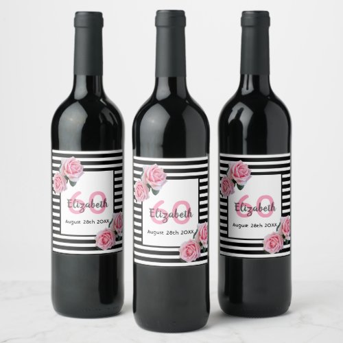 60th birthday pink roses black white stripes wine label