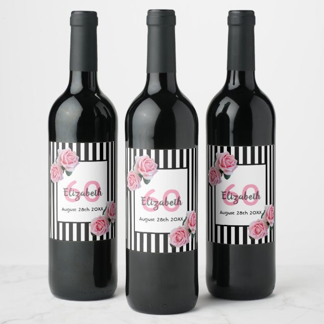 60th birthday pink roses black white stripes wine label (Bottles)