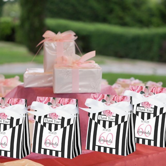 60th birthday pink roses on black white stripes favor boxes (Creator Uploaded)