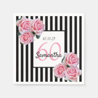 60th birthday pink roses on black white stripes