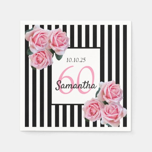 60th birthday pink roses on black white stripes napkins