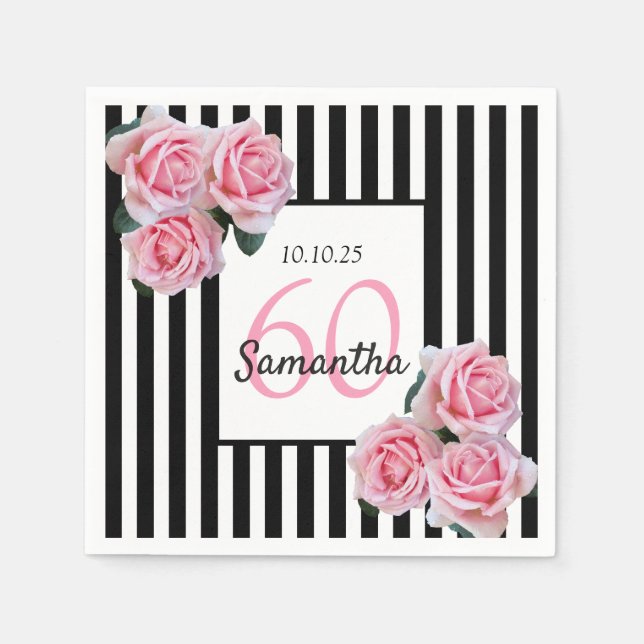60th birthday pink roses on black white stripes napkins (Front)