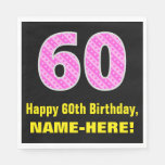 [ Thumbnail: 60th Birthday: Pink Stripes and Hearts "60" + Name Napkins ]