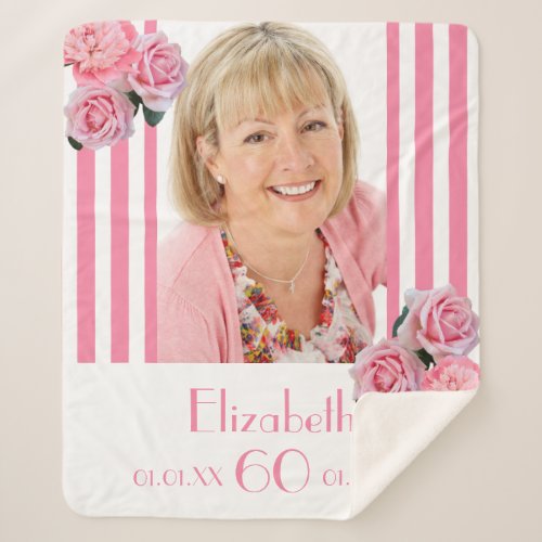 60th birthday pink stripes florals name photo sherpa blanket