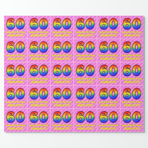 60th Birthday Pink Stripes  Hearts Rainbow  60 Wrapping Paper