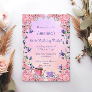 60th birthday pink violet tea party invitation