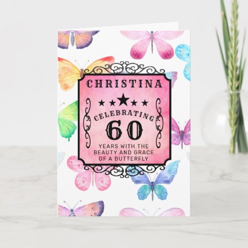 60th Birthday Pink Watercolor Butterfly Greeting Card