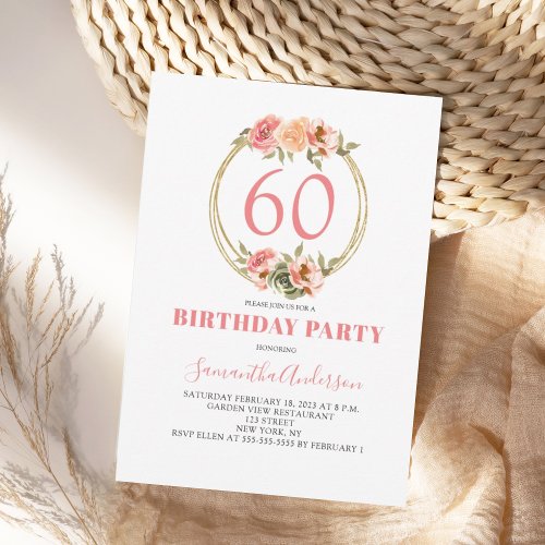 60th Birthday Pink Watercolor Floral Invitation