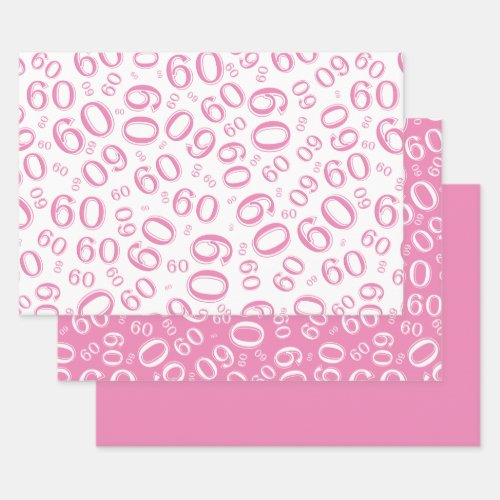 60th Birthday Pink  White Number Pattern 60 Wrapping Paper Sheets