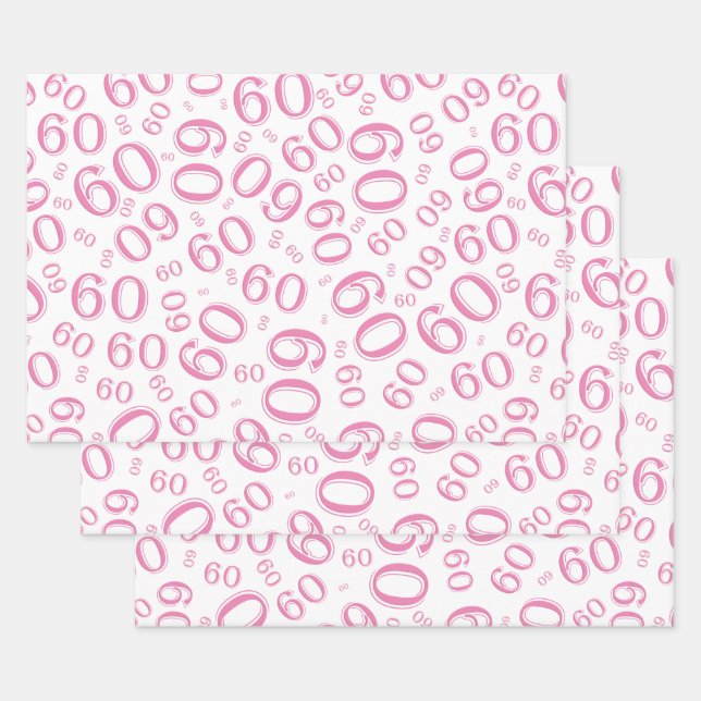 60th Birthday Pink/White Random Number Pattern 60 Wrapping Paper Sheets (Set)