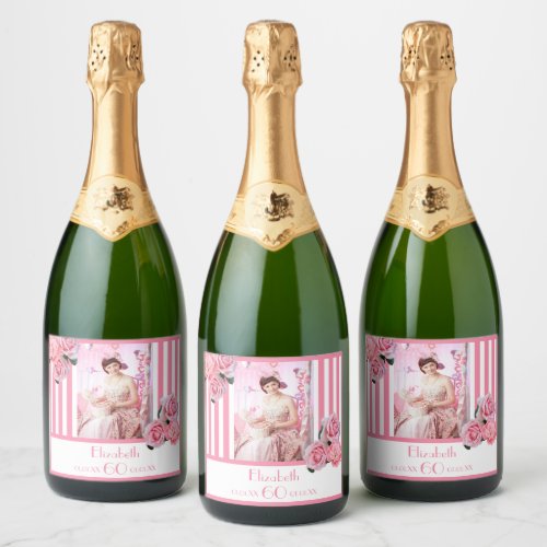 60th birthday pink white stripes floral photo sparkling wine label