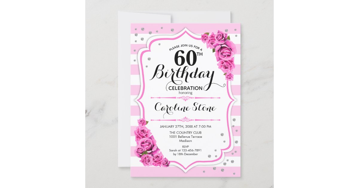 60th Birthday - Pink White Stripes Roses Invitation | Zazzle