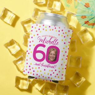 60th birthday pink yellow confetti two photos can cooler