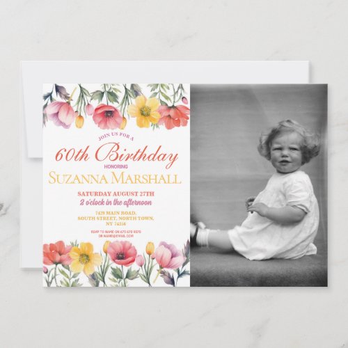 60th Birthday Poppy Spring Floral Photo  Invitation