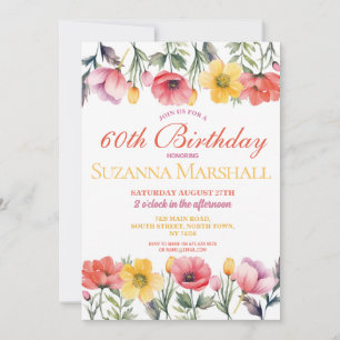 60th Birthday Poppy Spring Floral Summer Invitation