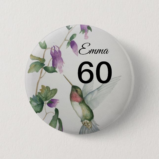 60th Birthday Pretty Bird Garden Flowers Button (Front)