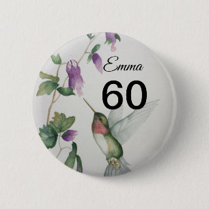 60th Birthday Pretty Bird Garden Flowers Button