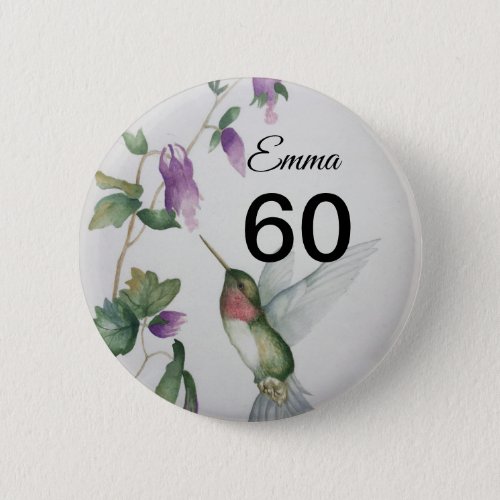 60th Birthday Pretty Bird Garden Flowers Button