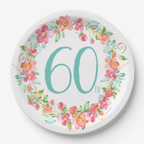 60th birthday pretty watercolor floral party paper plates