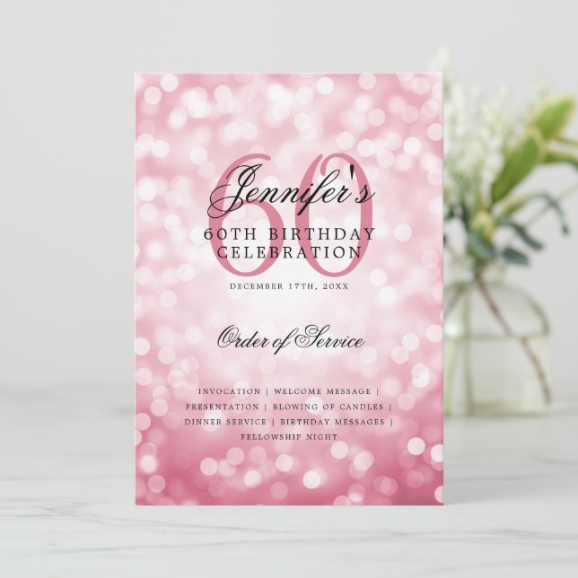 60th Birthday Program Blush Pink Bokeh w/ Menu (Standing Front)