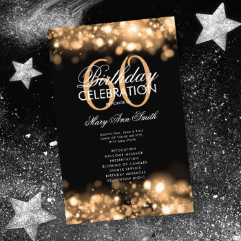 60th Birthday Program Glam Lights Gold Menu Flyer by Rewards4life at Zazzle