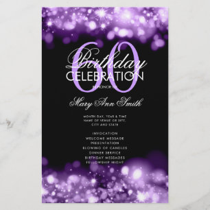 60th Birthday Program Glam Lights Purple Menu Flyer