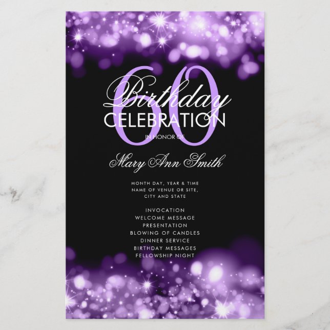 60th Birthday Program Glam Lights Purple Menu Flyer (Front)