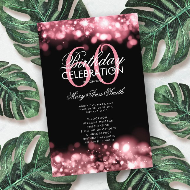 60th Birthday Program Glam Lights Rose Gold Menu Flyer (Creator Uploaded)